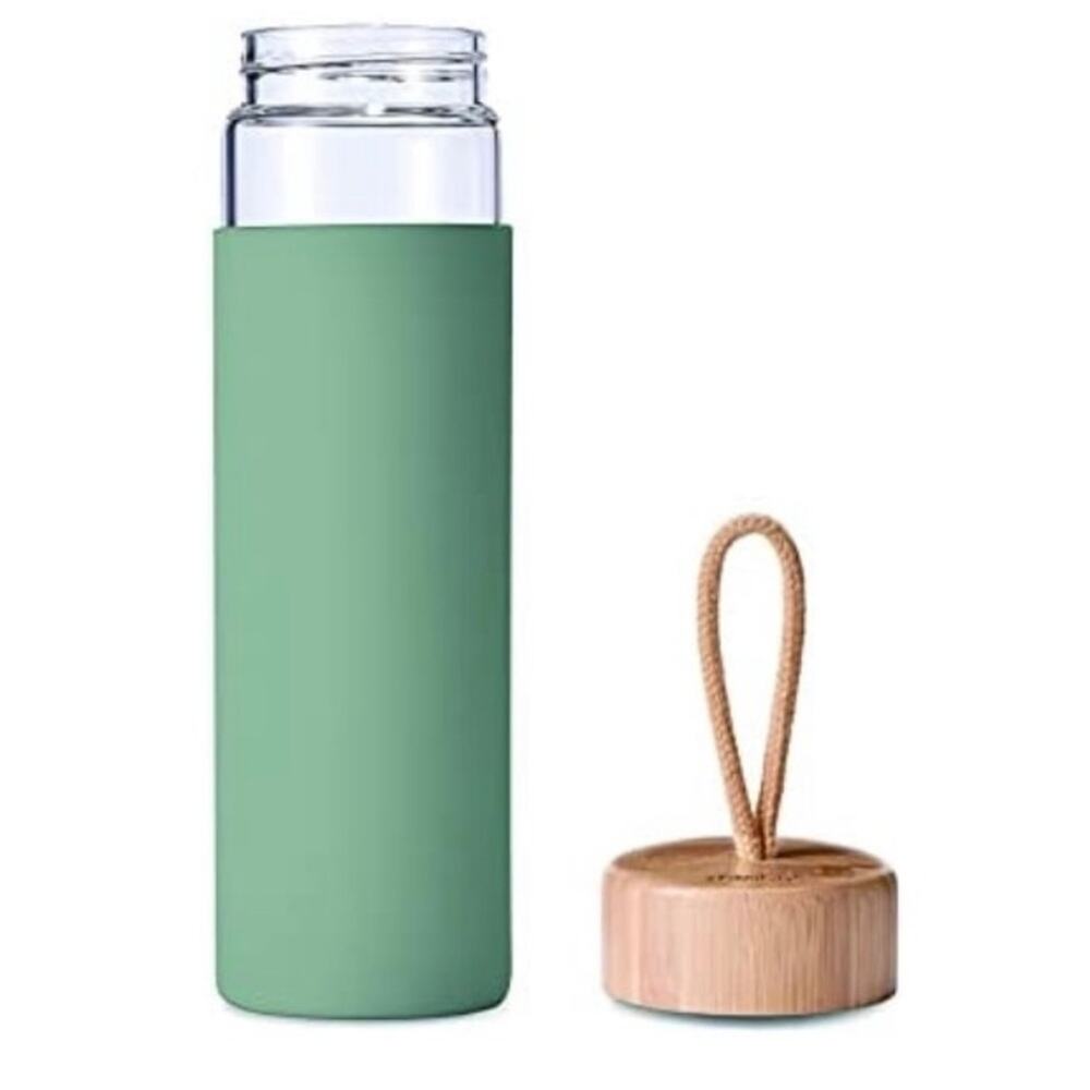 Yomious Olive 20 Oz Borosilicate Glass Water Bottle Bamboo Lid NWOT - Picture 7 of 8